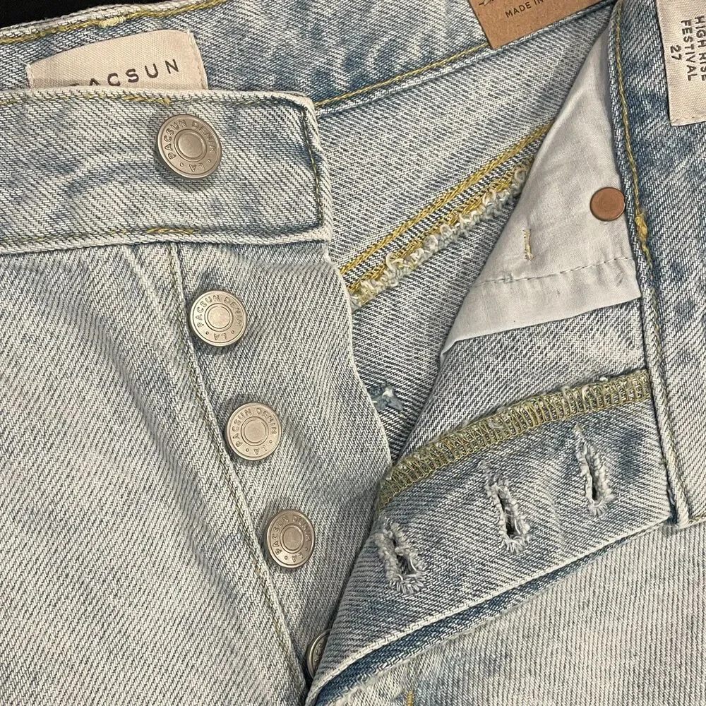~ NEW PacSun 27 Denim Festival Shorts Boho Acid Wash Rip Button High Waist Blue